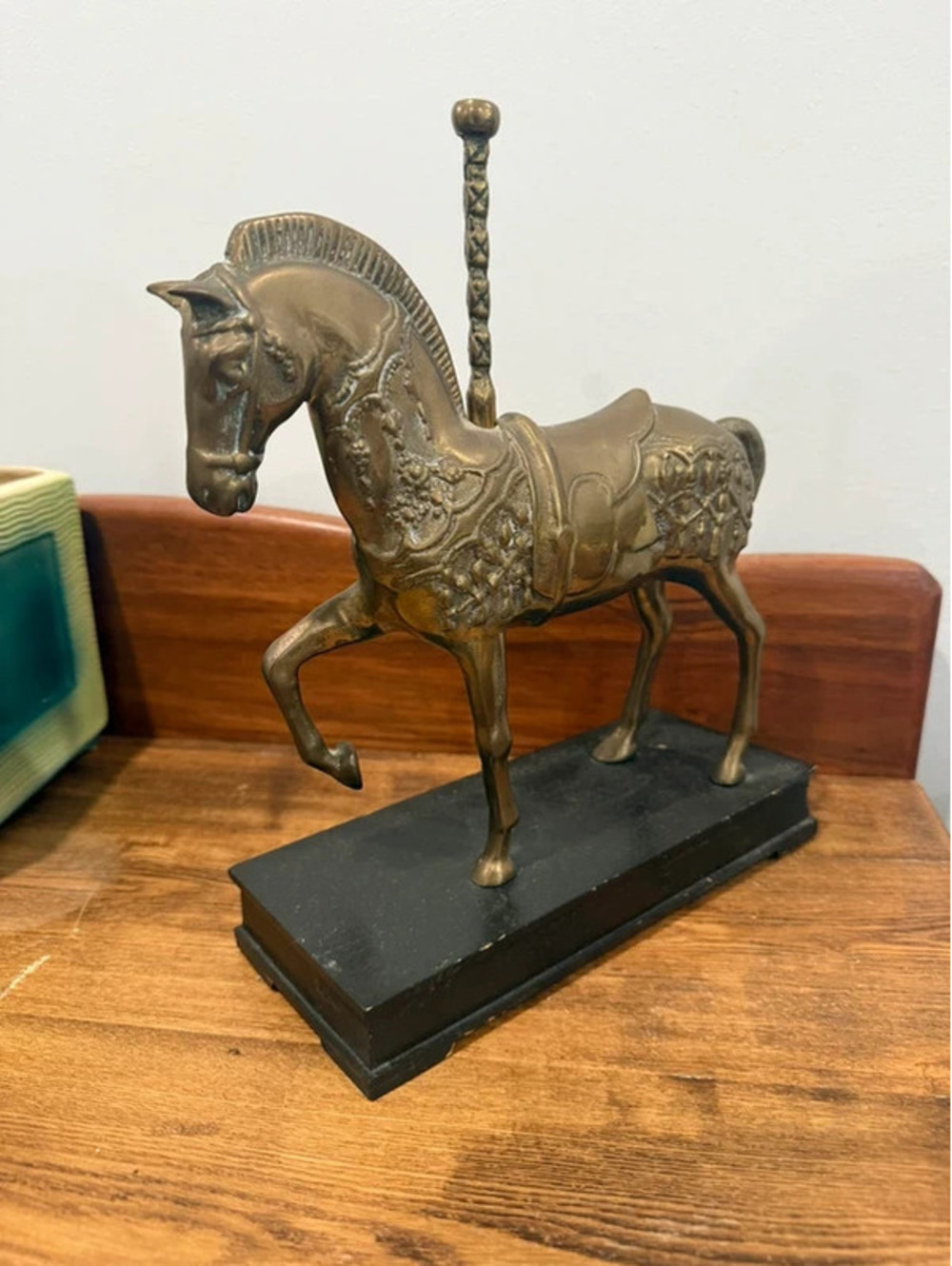 Vintage Brass Carousel Horse Sculpture on Black Base